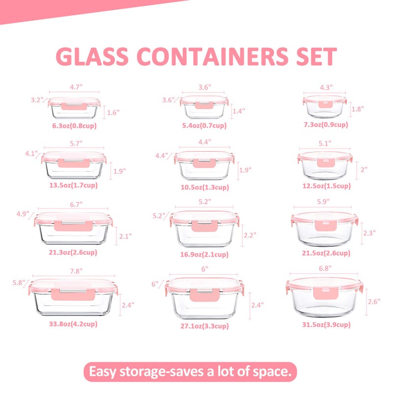 KOMUEE 24 Pieces Glass Food Storage Containers Set Glass Meal Prep Containers Set with Lids-Stackable Airtight Glass Storage Containers with lids Freezer to Oven Safe Pink - Image 2