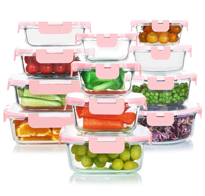 KOMUEE 24 Pieces Glass Food Storage Containers Set Glass Meal Prep Containers Set with Lids-Stackable Airtight Glass Storage Containers with lids Freezer to Oven Safe Pink - Image 1