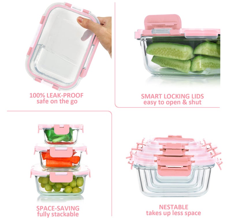 KOMUEE 24 Pieces Glass Food Storage Containers Set Glass Meal Prep Containers Set with Lids-Stackable Airtight Glass Storage Containers with lids Freezer to Oven Safe Pink - Image 4