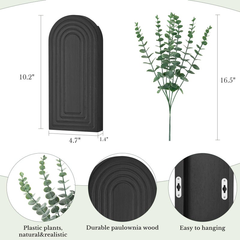 Dahey Wood Wall Planter Vase with Artificial Eucalyptus, 2 Pack Hanging Planter for Indoor Fake Plants Modern Boho Farmhouse Wall Art Decor for Bathroom Bedroom Kitchen Office Home Decoration, Black - Image 4