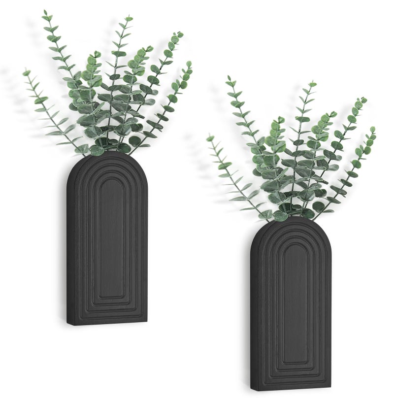 Dahey Wood Wall Planter Vase with Artificial Eucalyptus, 2 Pack Hanging Planter for Indoor Fake Plants Modern Boho Farmhouse Wall Art Decor for Bathroom Bedroom Kitchen Office Home Decoration, Black - Image 1