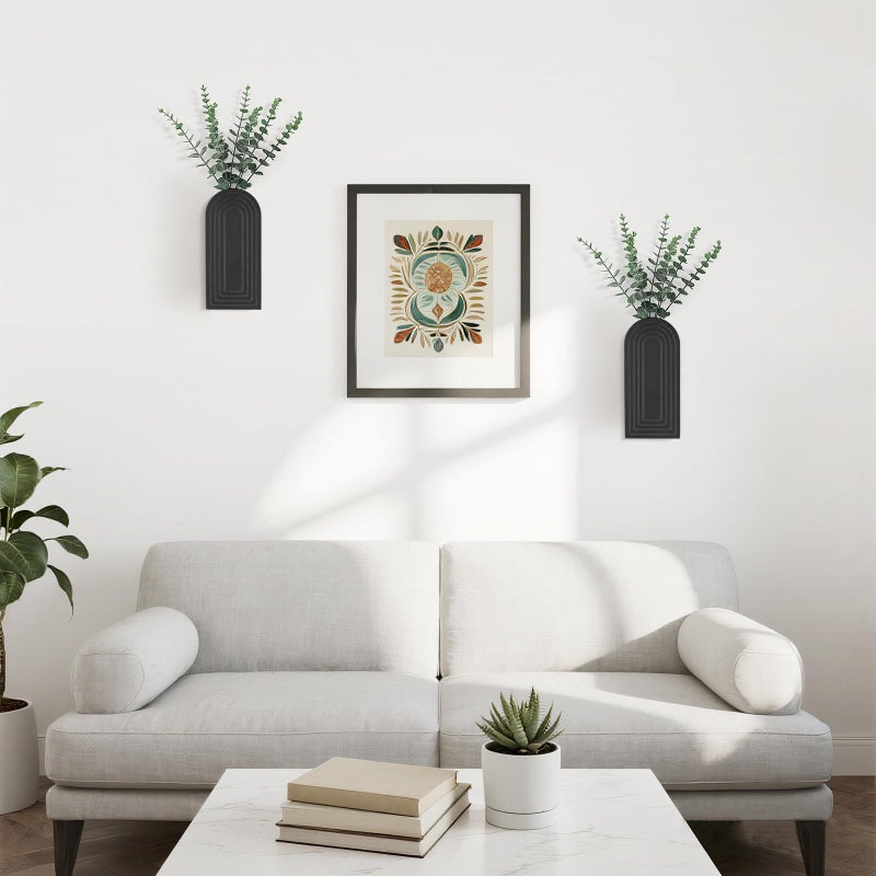 Dahey Wood Wall Planter Vase with Artificial Eucalyptus, 2 Pack Hanging Planter for Indoor Fake Plants Modern Boho Farmhouse Wall Art Decor for Bathroom Bedroom Kitchen Office Home Decoration, Black - Image 2