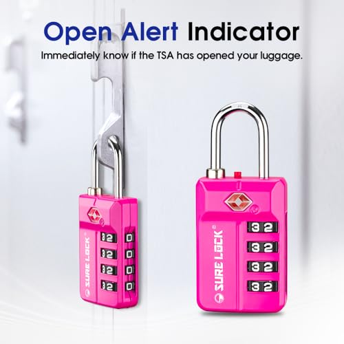 SURE LOCK قفل سُور لوك المعتمد من TSA مع مجموعة أرقام قابلة لإعادة الضبط 4 أرقام مع تنبيه الفتح، وأقراص سهلة القراءة - للأمتعة، خزائن المدارس، الصالة الرياضية، المكتب، صندوق الأدوات وحالات الأمان (وردي 1 عبوة) - Image 3