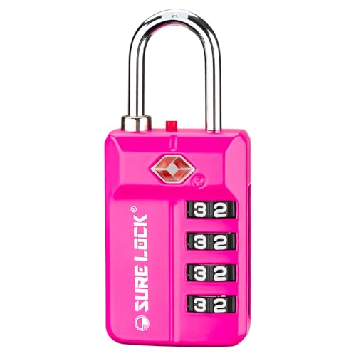 SURE LOCK قفل سُور لوك المعتمد من TSA مع مجموعة أرقام قابلة لإعادة الضبط 4 أرقام مع تنبيه الفتح، وأقراص سهلة القراءة - للأمتعة، خزائن المدارس، الصالة الرياضية، المكتب، صندوق الأدوات وحالات الأمان (وردي 1 عبوة) - Image 1