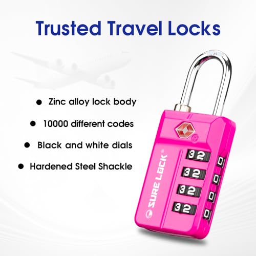 SURE LOCK قفل سُور لوك المعتمد من TSA مع مجموعة أرقام قابلة لإعادة الضبط 4 أرقام مع تنبيه الفتح، وأقراص سهلة القراءة - للأمتعة، خزائن المدارس، الصالة الرياضية، المكتب، صندوق الأدوات وحالات الأمان (وردي 1 عبوة) - Image 5