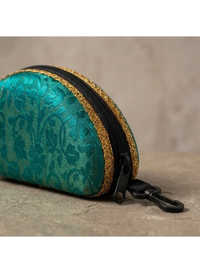 Mobcos Mobcos Mini Pouch Teal Green VastraVault Teal Green Mini Pouch with Carabiner Clip, Traditional Indian Fabric Zipper Case, Compact Travel Organizer & Accessory Storage Bag for Women & Men  | Best Price UAE