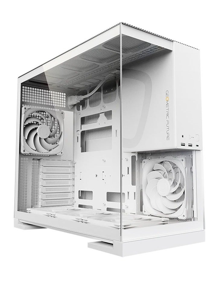 Geometricfuture علبة كمبيوتر متوسطة الحجم من طراز 5 ATX - لون أبيض، مزودة بـ 5 مراوح مثبتة مسبقًا، لوحة جانبية من الزجاج المقوى، متوافقة مع لوحات E-ATX/ATX/mATX/ITX، تدعم إضاءة RGB، منافذ إدخال/إخراج أمامية USB-C وUSB 3.0، تدعم بطاقات رسومات حتى 460 مم، تدعم التبريد الهوائي والمائي | GEO-M5F-W - Image 1