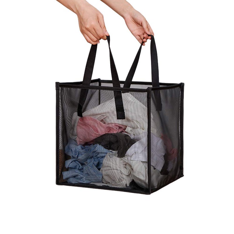 HONOMA Laundry Bags Hamper Bag with Handles,Portable &Collapsible Dirty Clothes Mesh Basket Foldable for Washing Storage, Kids Room,Dorm or Travel (Black, Single-Layer) - Image 1