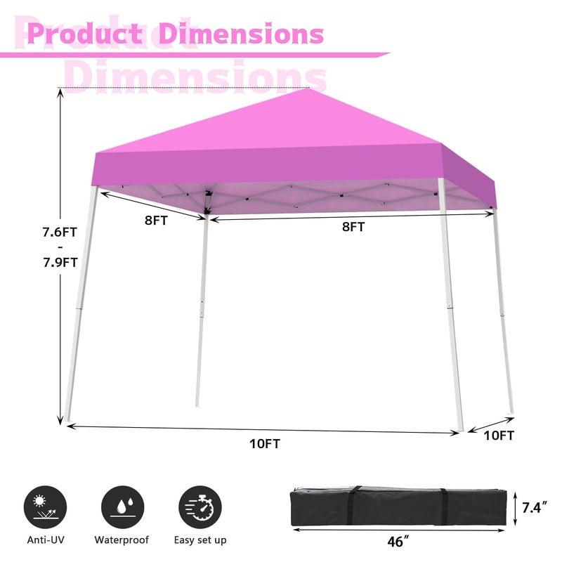 Oneofics Canopy Tent, 10X10 FT Pop Up Canopy Outdoor Instant Tent Slant Legs with Carrying Bag, Portable Gazebo Shelter for Patio Deck Garden and Beach - 8X8 FT Canopy Cover (Pink) - Image 4