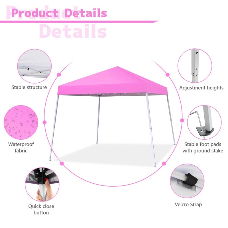 Oneofics Canopy Tent, 10X10 FT Pop Up Canopy Outdoor Instant Tent Slant Legs with Carrying Bag, Portable Gazebo Shelter for Patio Deck Garden and Beach - 8X8 FT Canopy Cover (Pink) - Image 2