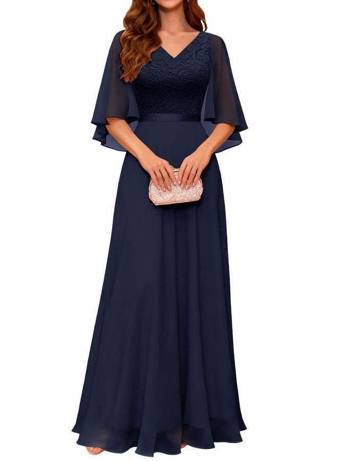 DRESSTELLS Formal Wedding Guest Dresses, 2026 Spring Bridesmaid Party Cocktail Evening Long Prom Lace Dress, Navy, M - Image 1