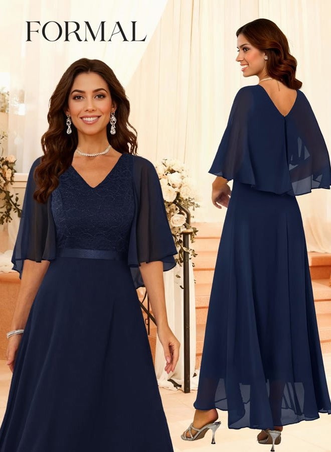 DRESSTELLS Formal Wedding Guest Dresses, 2026 Spring Bridesmaid Party Cocktail Evening Long Prom Lace Dress, Navy, M - Image 2