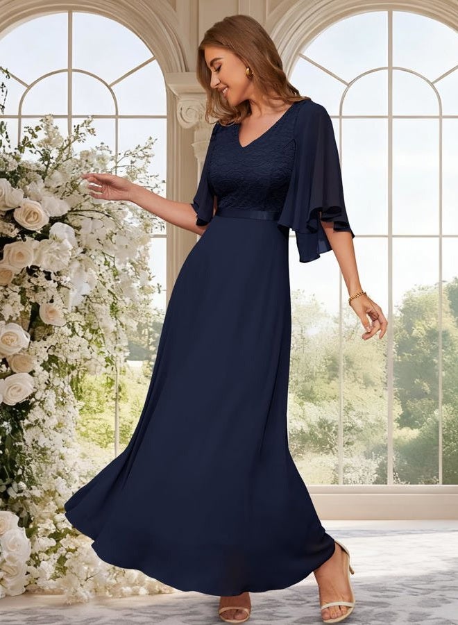 DRESSTELLS Formal Wedding Guest Dresses, 2026 Spring Bridesmaid Party Cocktail Evening Long Prom Lace Dress, Navy, M - Image 3