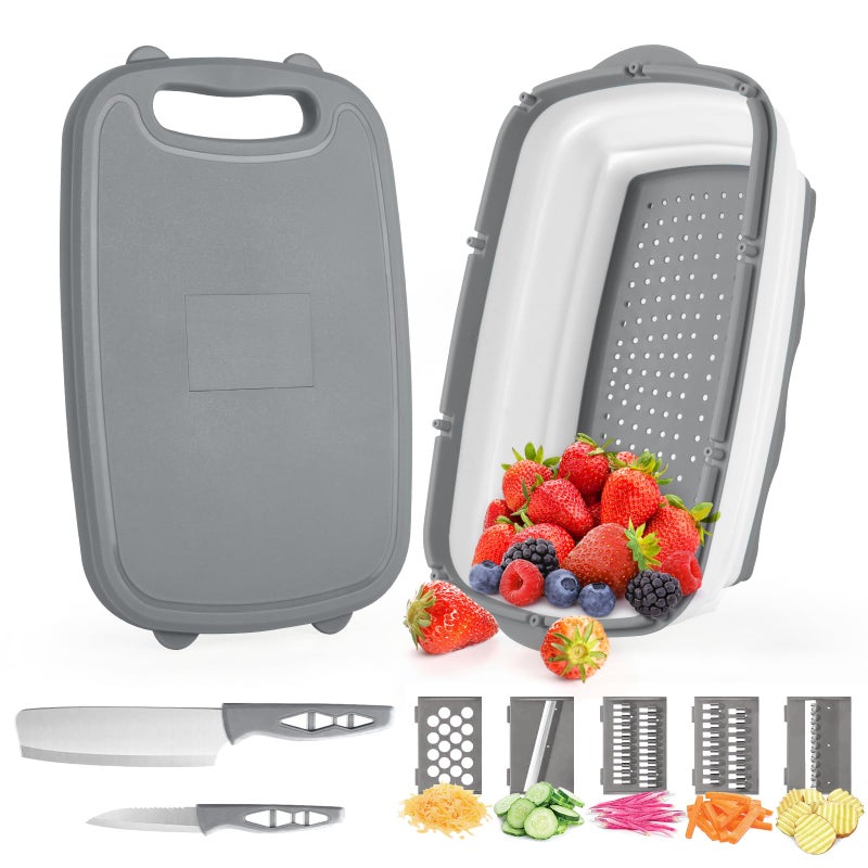 Gintan Camping Cutting Board 9in1 Collapsible Chopping Board with Colander Kitchen Vegetable Washing Basket for Camping Camping Gifts Camping Accessories for RV Campers Gray