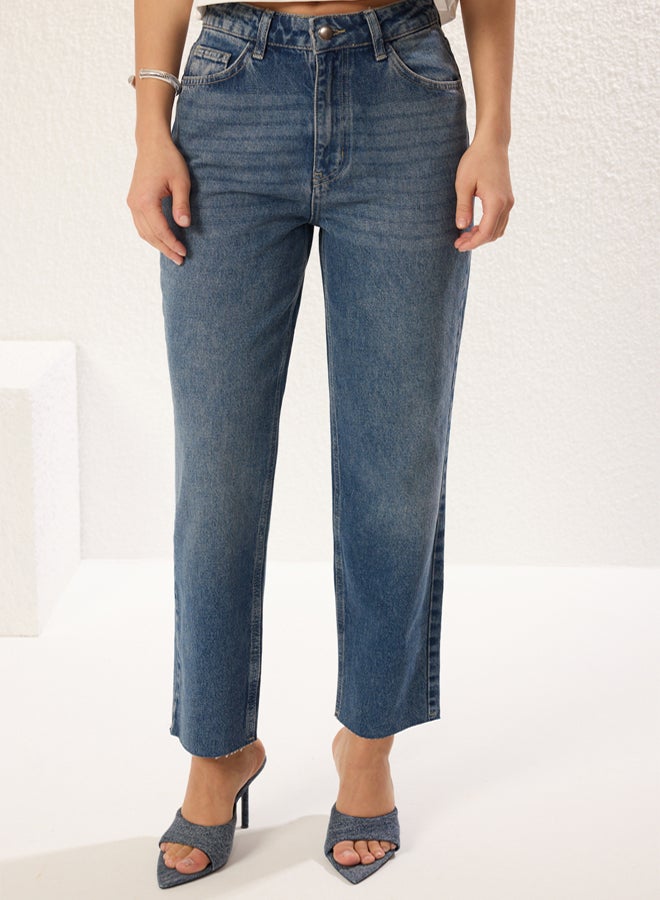trendyol Blue Leg Cutout High Waist Straight Jeans - Image 3
