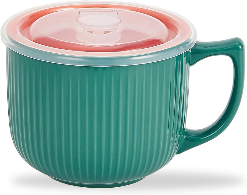 Hoilse Ceramic Soup Bowl with Handle 32oz  Microwave Ramen Bowl with Lid Soup Mugs  Cups for Cereal Oatmeal Ramen Instant Noodle Soup Container with Lid  Green - Image 1