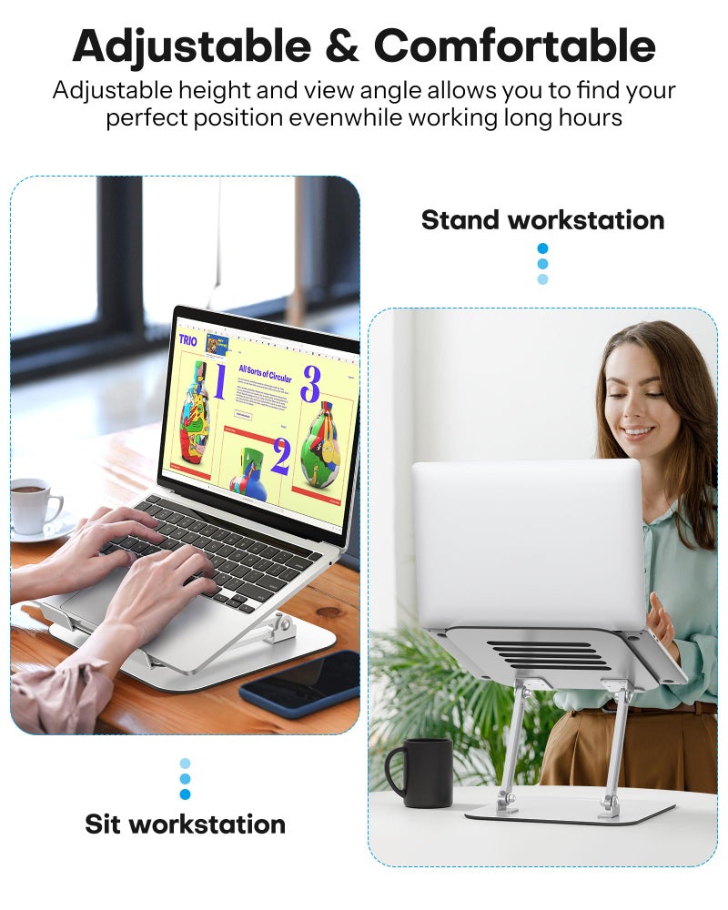 OMOTON Laptop Stand for Desk, Ergonomic Metal Adjustable Laptop Stand, Laptop Holder Riser with Cooling Function, Computer Stand Compatible with MacBook and All Laptops (10-17.2 inch), Silver - Image 2