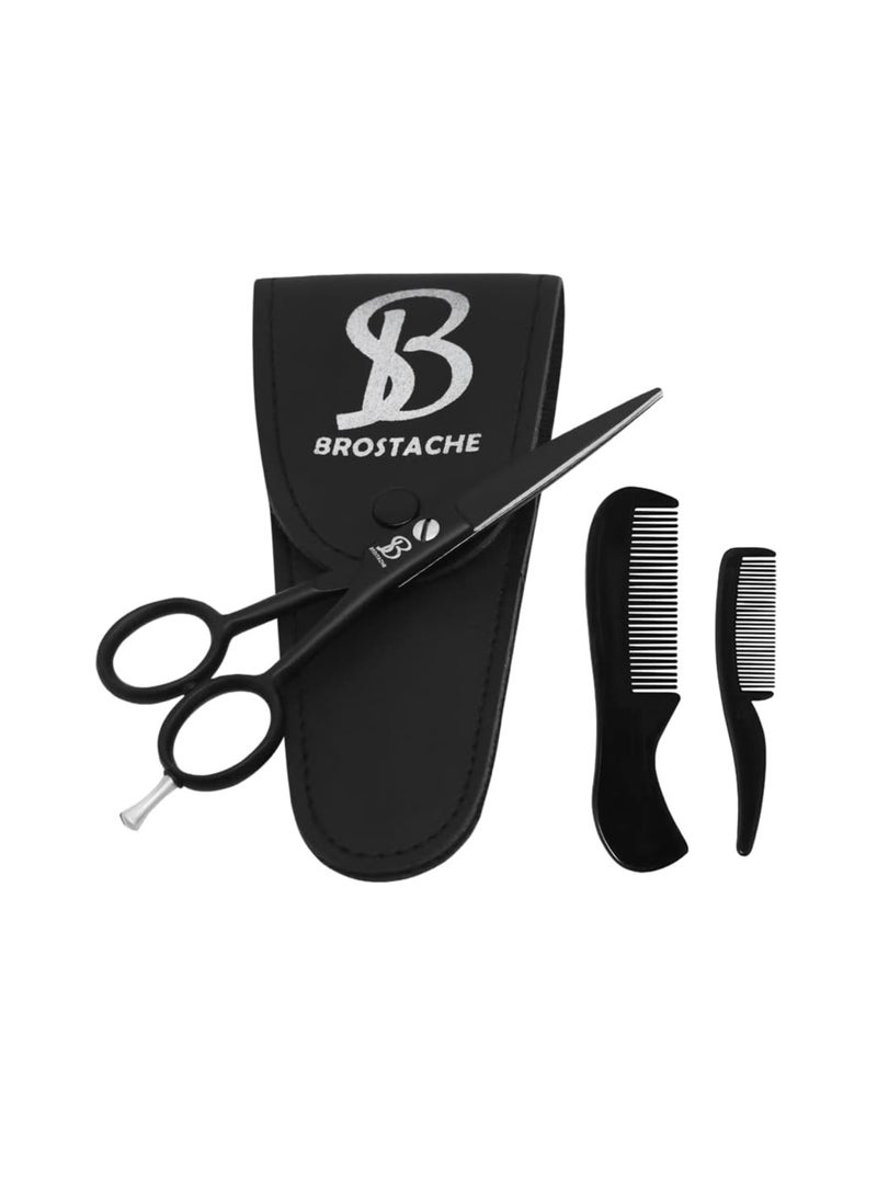 BROSTACHE Beard & Mustache Scissors for Men 5”, 2 comb & Beautiful Travel Pouch, Hand forged with Bevel edge For precision, Extremely Sharp Scissor, Trimming scissors - Image 1