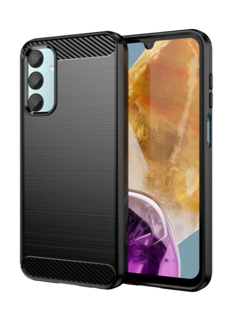 Samsung Galaxy M15 4G   Rugged Shield Cover – Black. Brushed carbon fiber texture, shockproof TPU, anti-slip, slim, and lightweight for durable protection. - Image 1