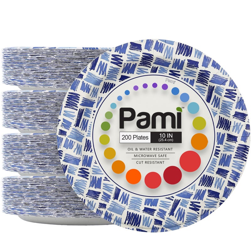 PAMI Heavy-Duty Large Disposable Microwave-Safe Paper Dishes, Oil Water Cut Resistant, Sturdy Uncoated (10 Inch Plate 200 Blue) - Image 1