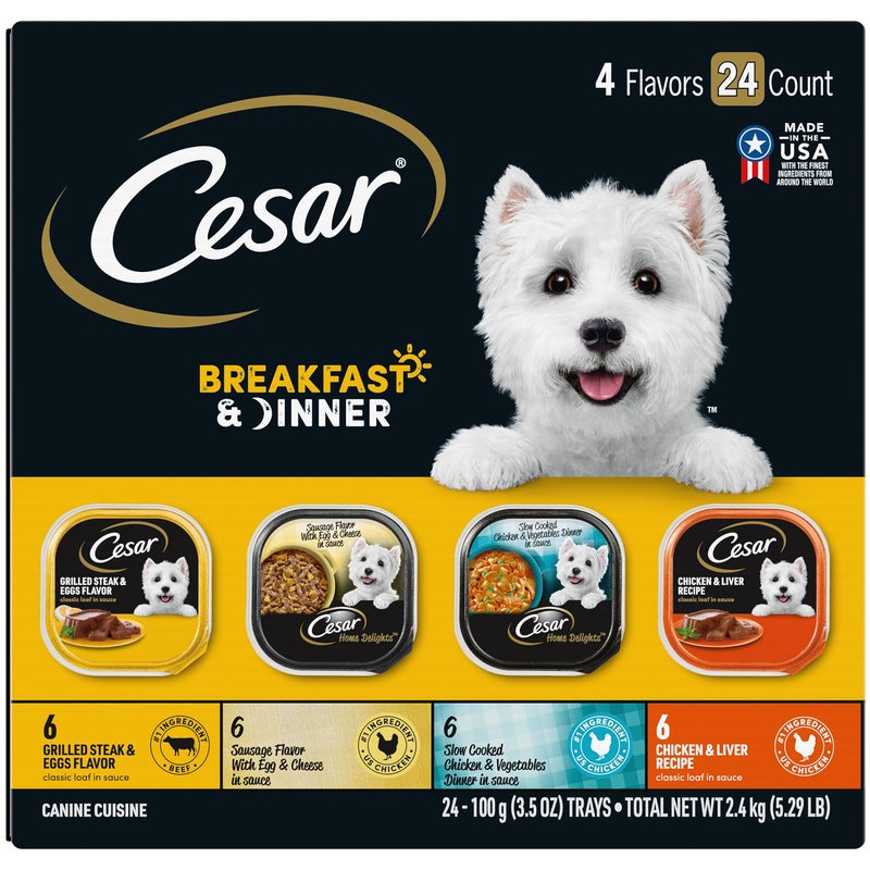 CESAR HOME DELIGHTS Adult Wet Dog Food & Classic Loaf in Sauce Breakfast & Dinner Variety Pack, (24) 3.5 oz. Easy Peel Trays - Image 1