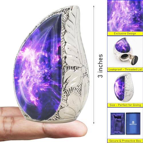 M MEILINXU Urn for Ashes for Women & Man, Small Urns for Human Ashes Keepsake, Tear Drop Decorative Cremation Container, Purple Cosmic Galaxy, Aurora Borealis, Mini Teardrop Urn -Brass Small Keepsake - Image 3