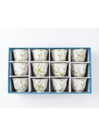 Abl 12Pcs Ceramic Cawa Cup Set White With Green Flower 100Ml
