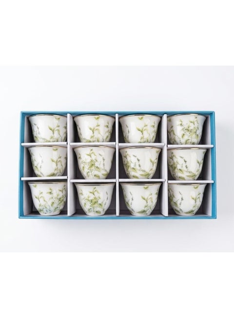 Abl 12Pcs Ceramic Cawa Cup Set White With Green Flower 100Ml