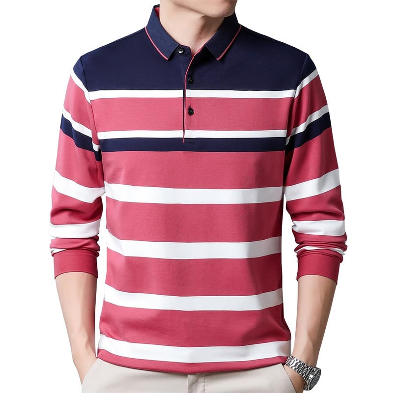 Womleys Mens Casual Cotton Striped Long Sleeve Collared T Shirt Polo Shirts Small Watermelon Red