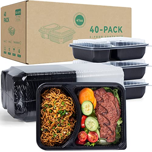 YANGRUI To Go Containers 40 Pack 40 Trays  40 Lids 41oz 2 Compartment BPA Free Reusable Take Out Box Shrink Wrap Machine Washable Meal Prep Container