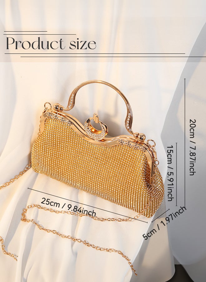SHABILI Women Rhinestone Large Capacity Evening Bag Banquet Clutch Shoulder Crossbody Bag, Ladies Sling Bag with Crystal Handle Vintage Lock Buckle Gold Chain Strap for Teenager Youth Party Travel (Gold) - Image 5