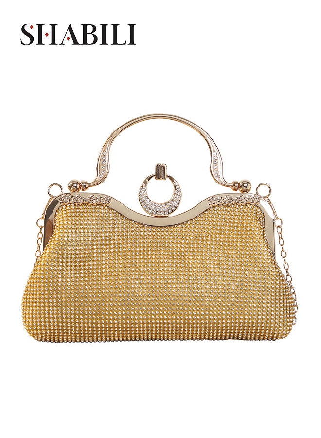 SHABILI Women Rhinestone Large Capacity Evening Bag Banquet Clutch Shoulder Crossbody Bag, Ladies Sling Bag with Crystal Handle Vintage Lock Buckle Gold Chain Strap for Teenager Youth Party Travel (Gold) - Image 1