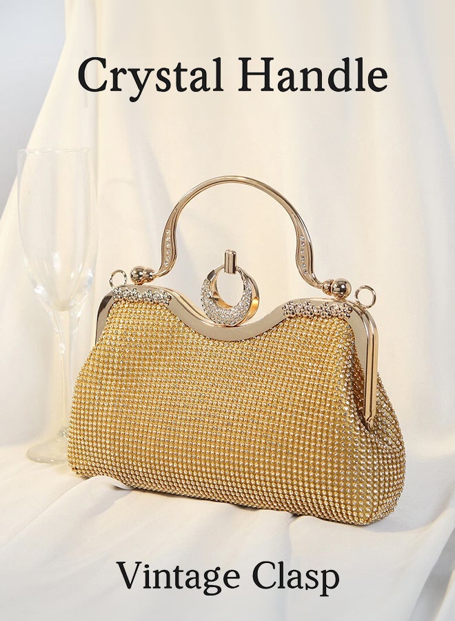 SHABILI Women Rhinestone Large Capacity Evening Bag Banquet Clutch Shoulder Crossbody Bag, Ladies Sling Bag with Crystal Handle Vintage Lock Buckle Gold Chain Strap for Teenager Youth Party Travel (Gold) - Image 2