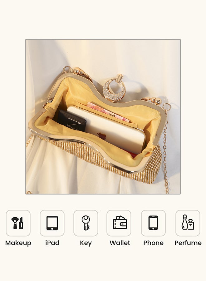 SHABILI Women Rhinestone Large Capacity Evening Bag Banquet Clutch Shoulder Crossbody Bag, Ladies Sling Bag with Crystal Handle Vintage Lock Buckle Gold Chain Strap for Teenager Youth Party Travel (Gold) - Image 3