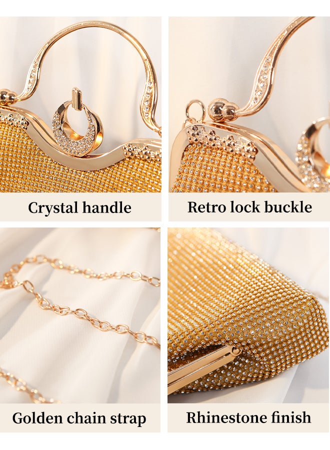 SHABILI Women Rhinestone Large Capacity Evening Bag Banquet Clutch Shoulder Crossbody Bag, Ladies Sling Bag with Crystal Handle Vintage Lock Buckle Gold Chain Strap for Teenager Youth Party Travel (Gold) - Image 4