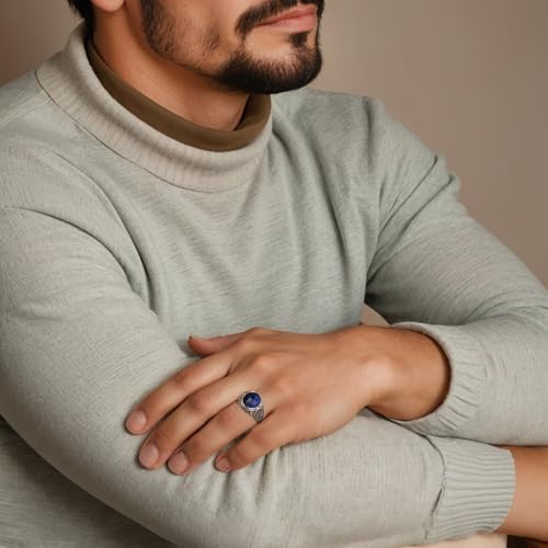 LeCalla Sapphire Ring for Men | Antique 925 Sterling Silver Oval Blue Sapphire Rings | Silver Men's Ring with Gemstone |Size - 8 No. - Image 2
