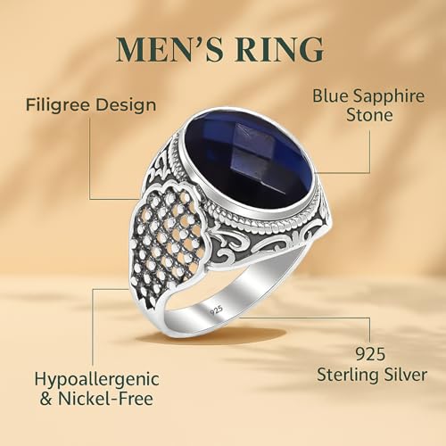 LeCalla Sapphire Ring for Men | Antique 925 Sterling Silver Oval Blue Sapphire Rings | Silver Men's Ring with Gemstone |Size - 8 No. - Image 3