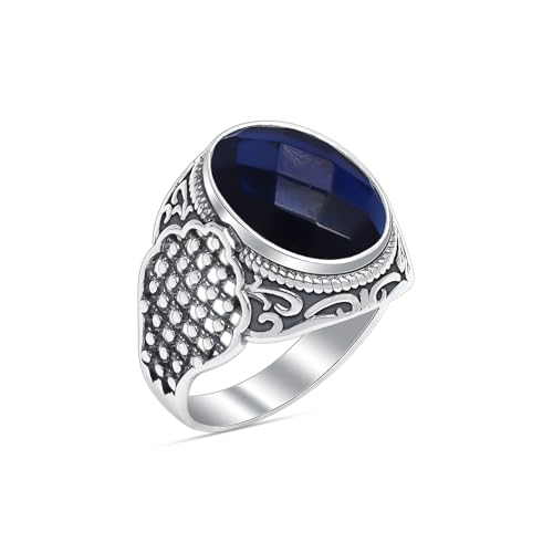 LeCalla Sapphire Ring for Men | Antique 925 Sterling Silver Oval Blue Sapphire Rings | Silver Men's Ring with Gemstone |Size - 8 No. - Image 1