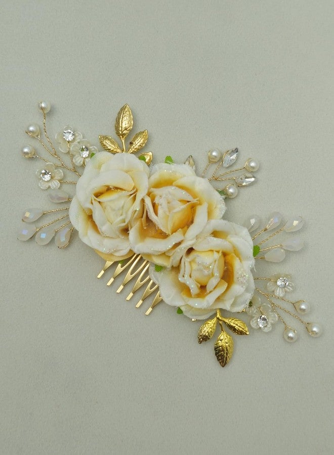 Twinsho Bridal Hair Comb with Cream Roses, Gold Leaves, Pearl and Crystal Accents, Wedding Hair Comb Accessories for Women, Bridal Hair Accessories (Yellow) - Image 2