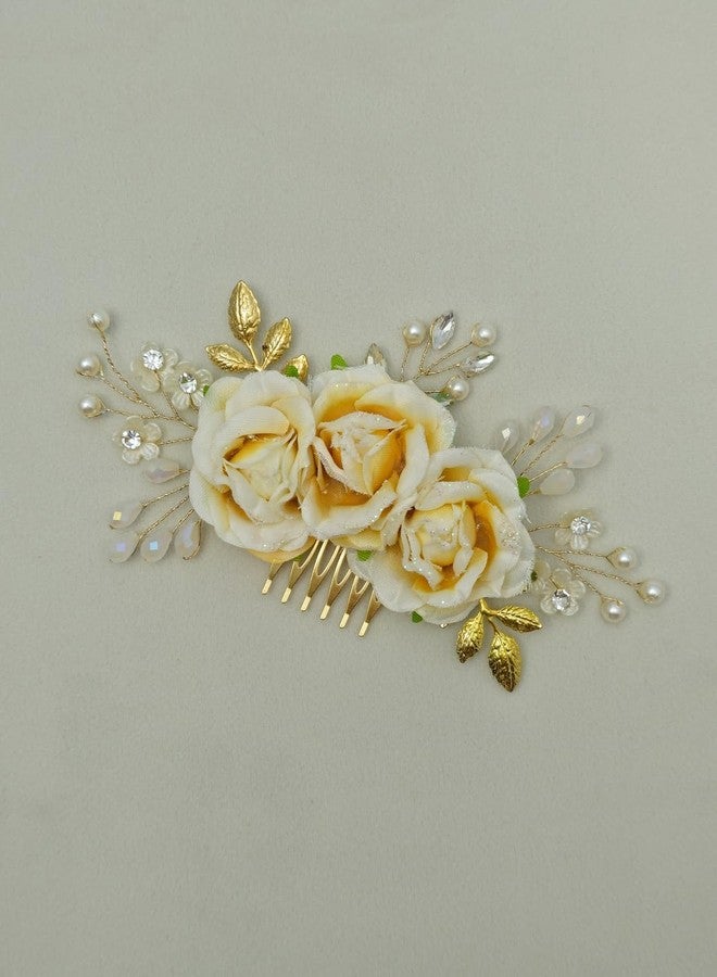 Twinsho Bridal Hair Comb with Cream Roses, Gold Leaves, Pearl and Crystal Accents, Wedding Hair Comb Accessories for Women, Bridal Hair Accessories (Yellow) - Image 1