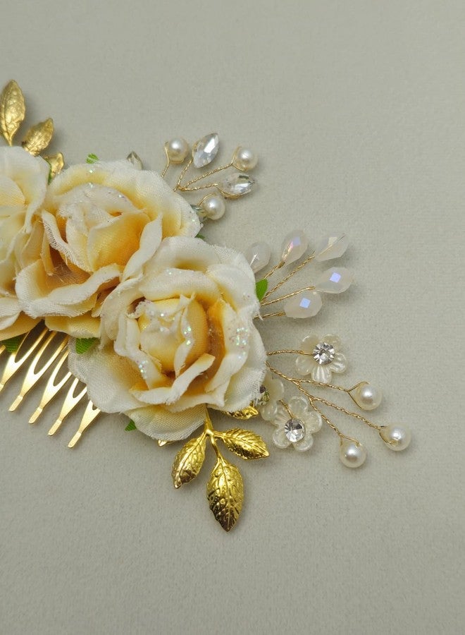 Twinsho Bridal Hair Comb with Cream Roses, Gold Leaves, Pearl and Crystal Accents, Wedding Hair Comb Accessories for Women, Bridal Hair Accessories (Yellow) - Image 3