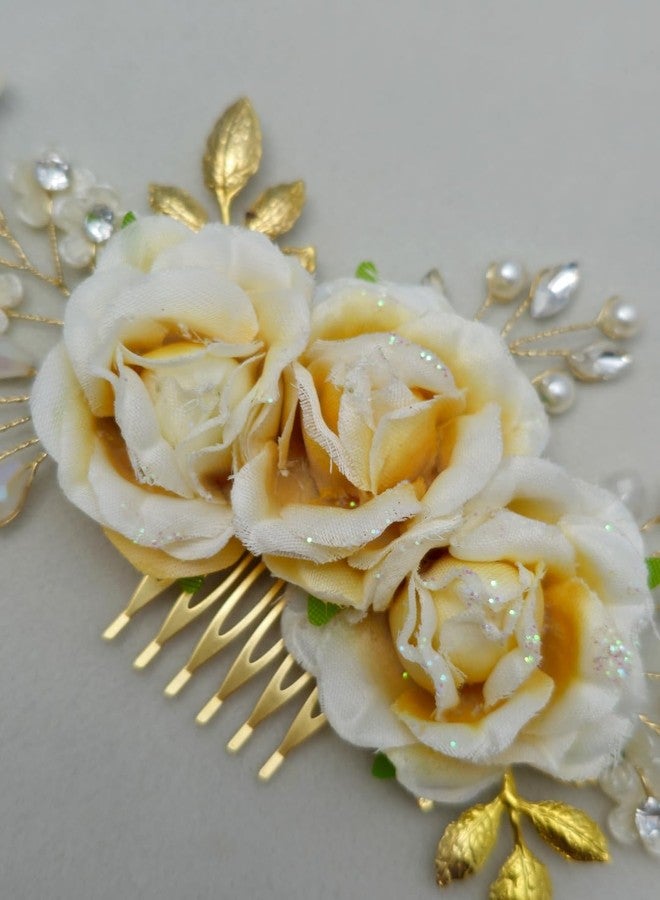 Twinsho Bridal Hair Comb with Cream Roses, Gold Leaves, Pearl and Crystal Accents, Wedding Hair Comb Accessories for Women, Bridal Hair Accessories (Yellow) - Image 4