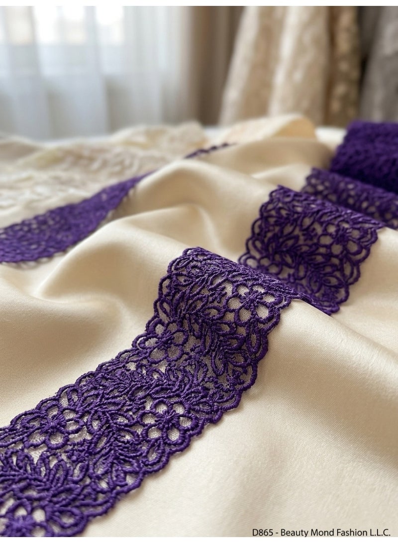 شريط دانتيل غيبور بعرض 5.5 سم، تطريز زهري مسطح، 15 ياردة - بنفسجي (D865) - Image 3