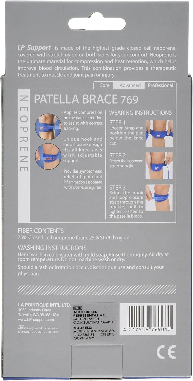 LP SUPPORT دعامة الركبة LP باتيلا دعم الركبة النيوبرين يساعد في تخفيف الألم المرتبط بمتلازمة أوسغود شلاتر للعدائين والقافزين إصابات الرياضة إعادة التأهيل دعم أزرق مقاس واحد - Image 3