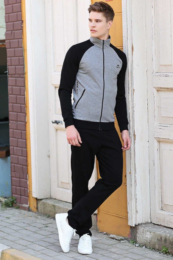 Tommy Life Gray Melange-Black Men's Stand Collar Double Color Slim Fit Classic Leg Tracksuit-85113  - Image 1