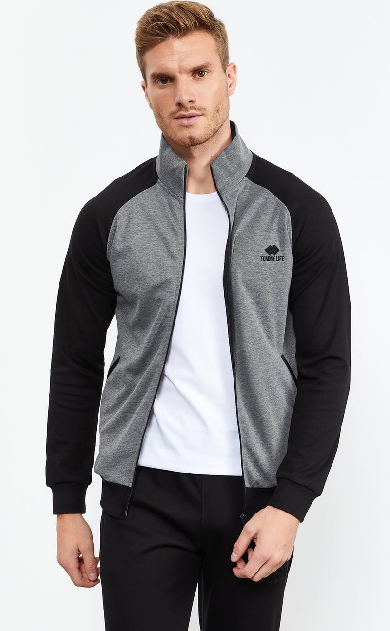 Tommy Life Gray Melange-Black Men's Stand Collar Double Color Slim Fit Classic Leg Tracksuit-85113  - Image 2