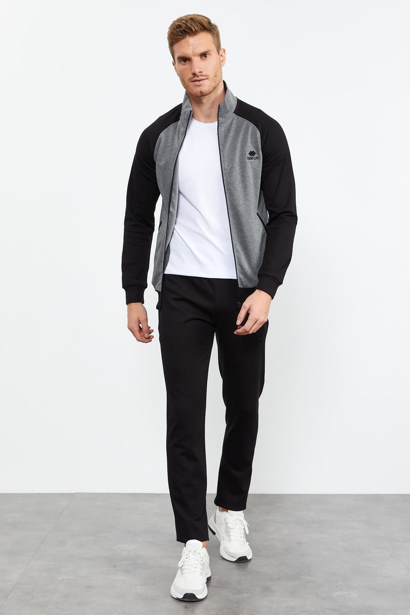 Tommy Life Gray Melange-Black Men's Stand Collar Double Color Slim Fit Classic Leg Tracksuit-85113  - Image 3