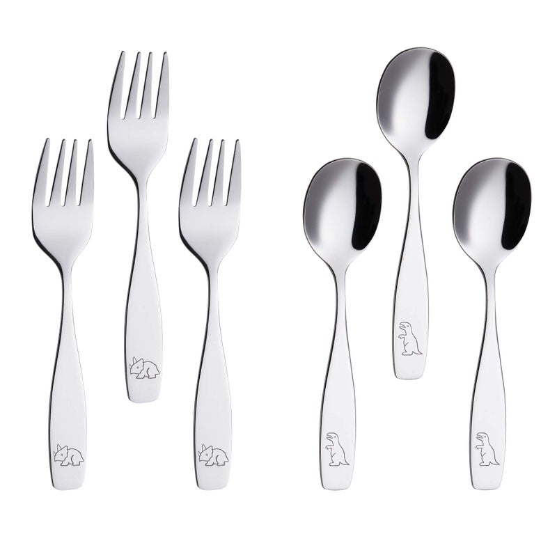 Annova ANNOVA Kids Silverware 6 Pieces Childrens Safe Flatware Set Stainless Steel  3 x Children Forks 3 x Tablespoons Toddler Utensils Metal Cutlery for Lunchbox Engraved Dinosaurs 6 Forks  Spoon