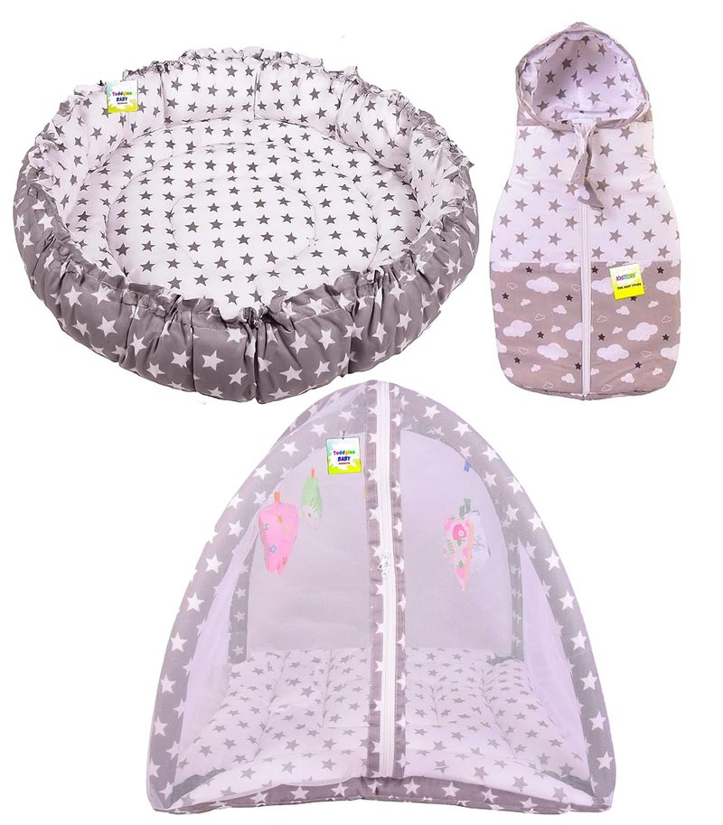 Toddylon Flat Bed Baby Play Gym New Born Bedding|Mat with Hanging Toys|Mattress with Mosquito Net|Cotton Playing|Baby Crawling|Playmats & Floor Gyms (0-6 Months) (3Pcs Set),Grey,2 - Image 1