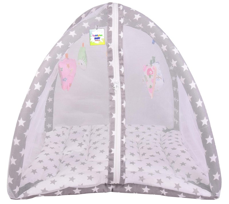 Toddylon Flat Bed Baby Play Gym New Born Bedding|Mat with Hanging Toys|Mattress with Mosquito Net|Cotton Playing|Baby Crawling|Playmats & Floor Gyms (0-6 Months) (3Pcs Set),Grey,2 - Image 2